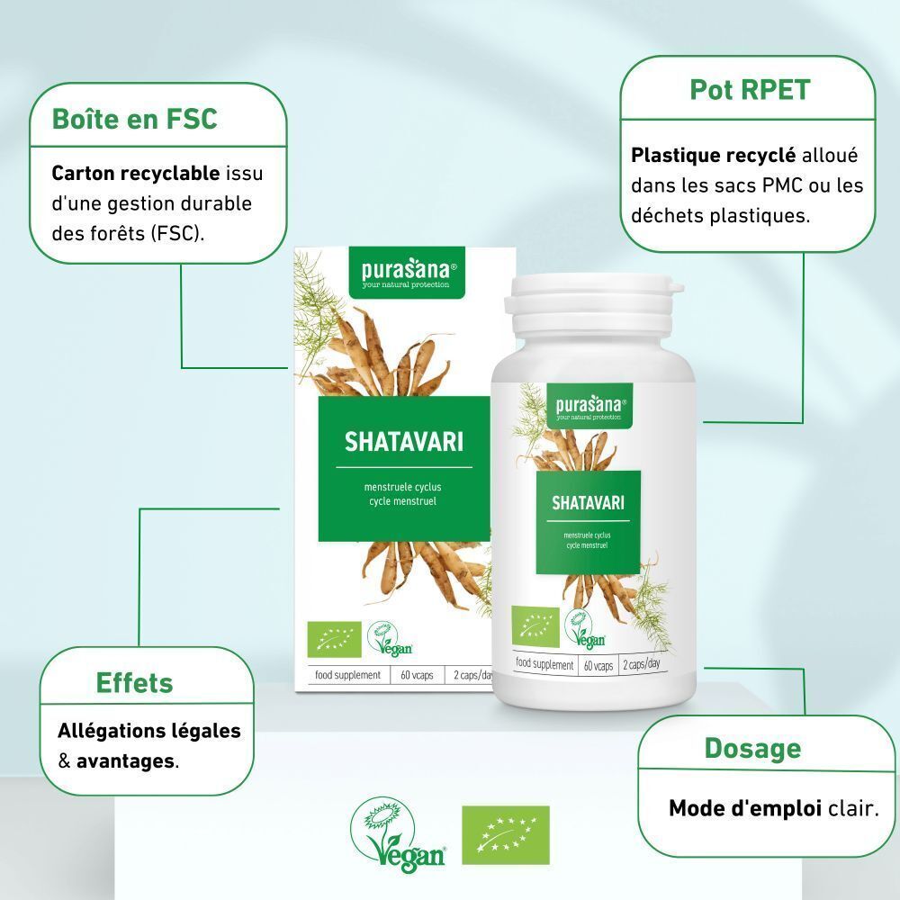 Emballage et flacon. Inscription : SHATAVARI, vegan, 60 gélules, 2 gélules/jour. Marque : Purasana. Texte : Boîte en FSC, Pot RPET, Effets, Dosage.