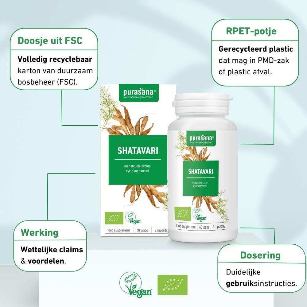 Verpakking en fles. Opschrift: SHATAVARI, vegan, 60 capsules, 2 capsules/dag. Merk: Purasana. Tekst: Doosje uit FSC, RPET-potje, Werking, Dosering.