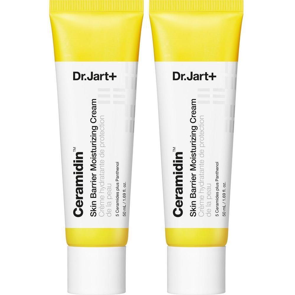 Deux tubes jaunes avec bouchons blancs. Inscription : Dr.Jart+ Ceramidin Skin Barrier Moisturizing Cream.