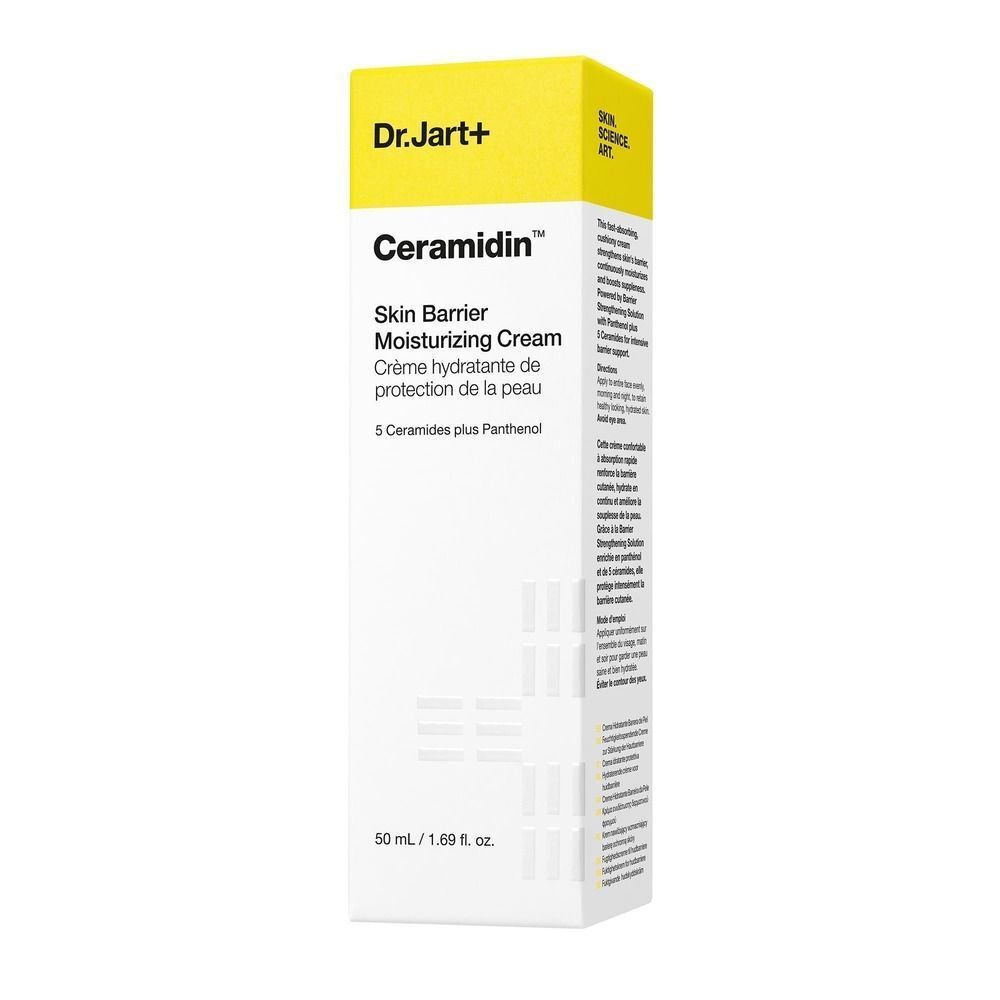 Emballage blanc avec couvercle jaune. Inscription : Dr.Jart+ Ceramidin Skin Barrier Moisturizing Cream.