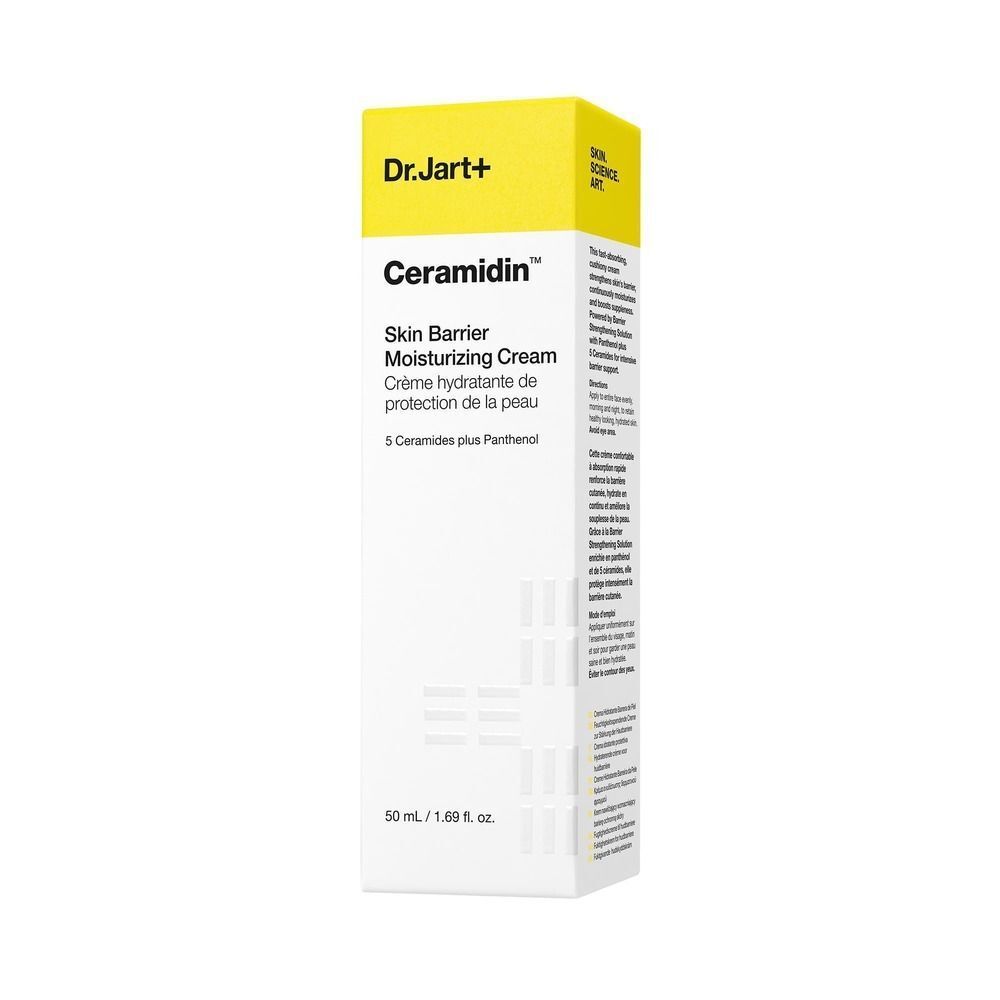Emballage de Dr.Jart+ Ceramidin Skin Barrier Moisturizing Cream. Boîte blanche avec couvercle jaune. Texte en anglais et français.