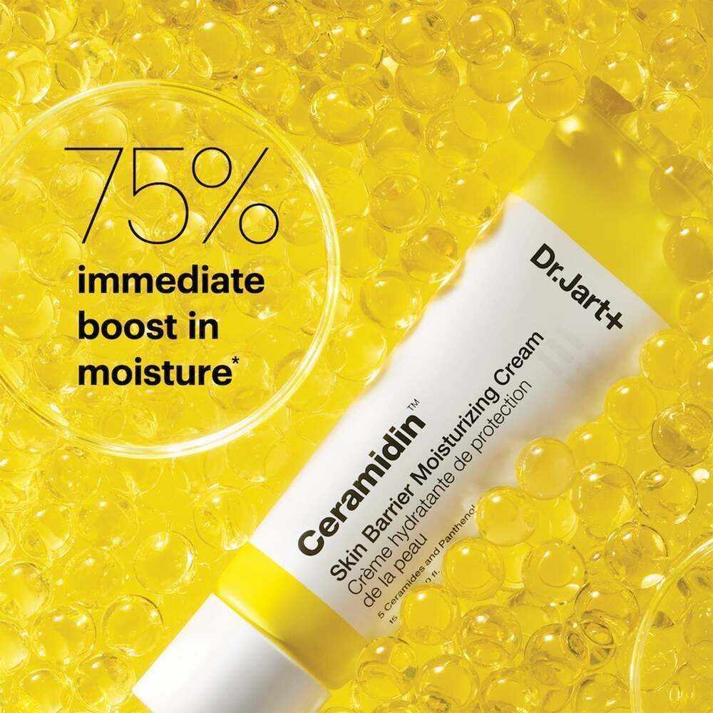 Tube jaune avec texte. Inscription : Dr.Jart+ Ceramidin Skin Barrier Moisturizing Cream. 75% d'hydratation immédiate.