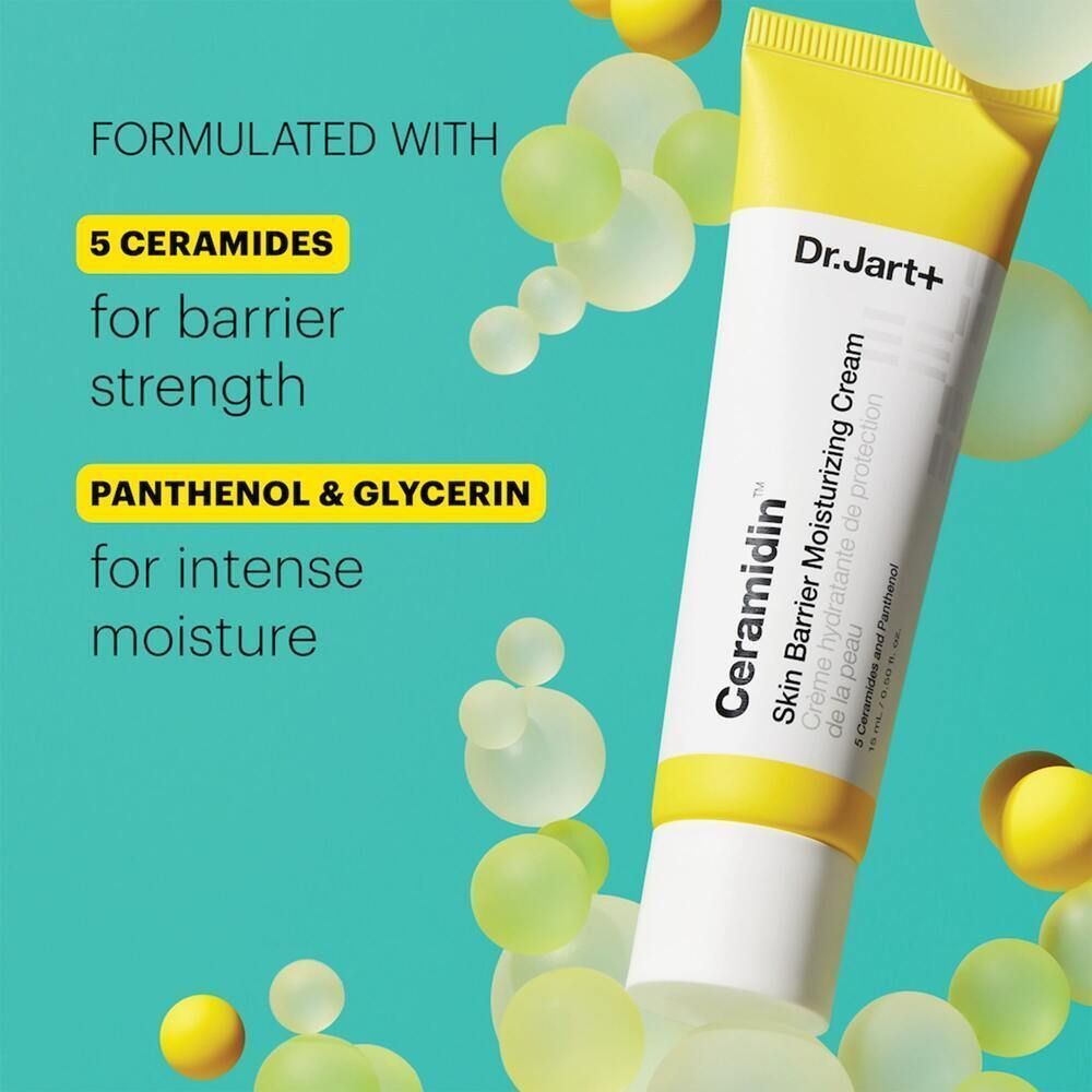 Tube jaune avec texte. Inscription : Dr.Jart+ Ceramidin Skin Barrier Moisturizing Cream. Contient 5 céramides.