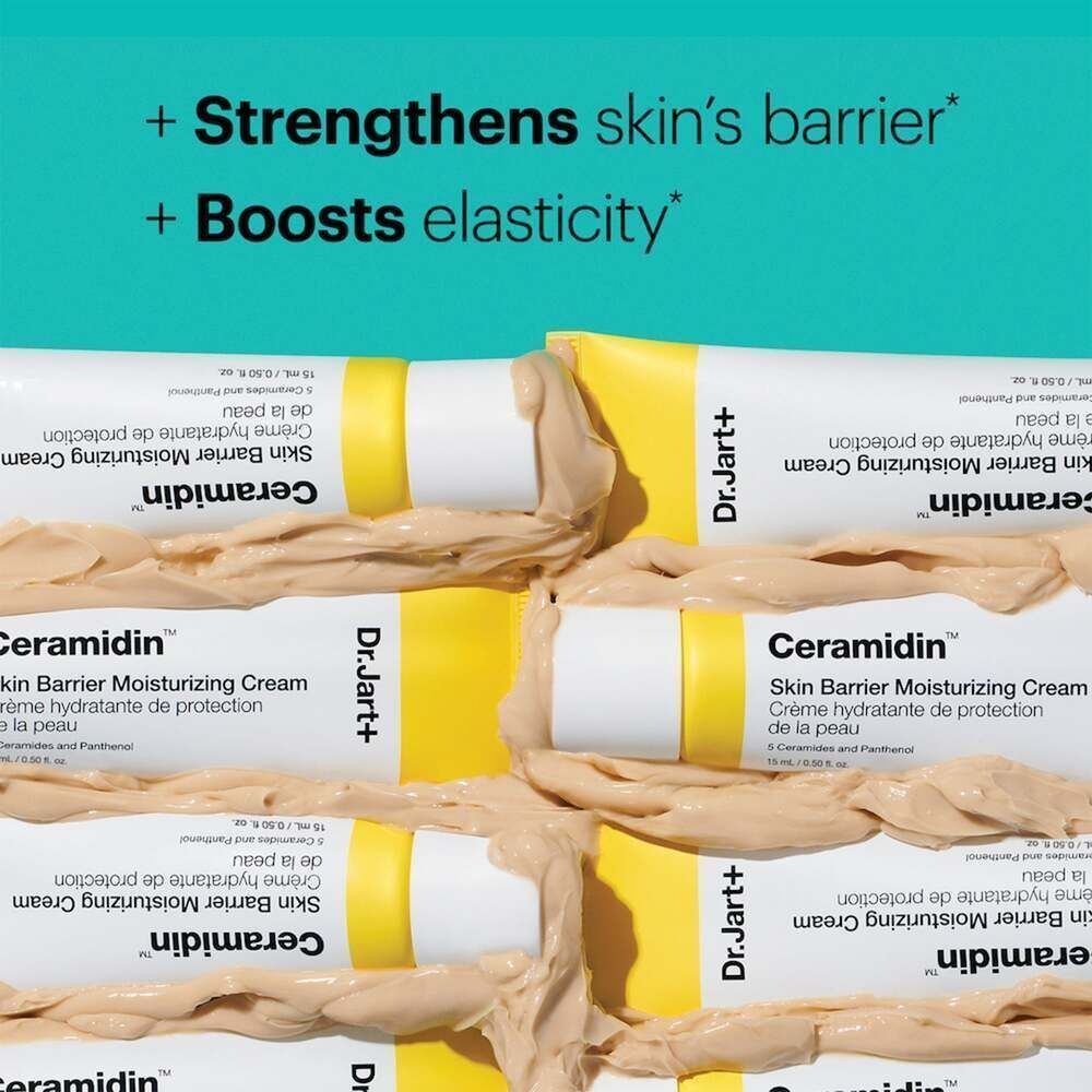 Plusieurs tubes avec texte. Inscription : Dr.Jart+ Ceramidin Skin Barrier Moisturizing Cream. Renforce la barrière cutanée.