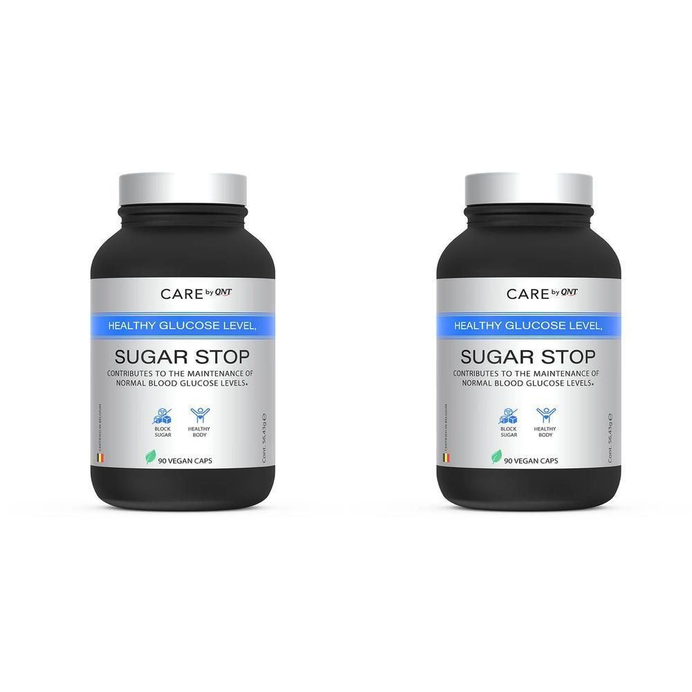 Deux flacons noirs avec des couvercles blancs. L'étiquette indique "CARE by QNT", "HEALTHY GLUCOSE LEVEL" et "SUGAR STOP".