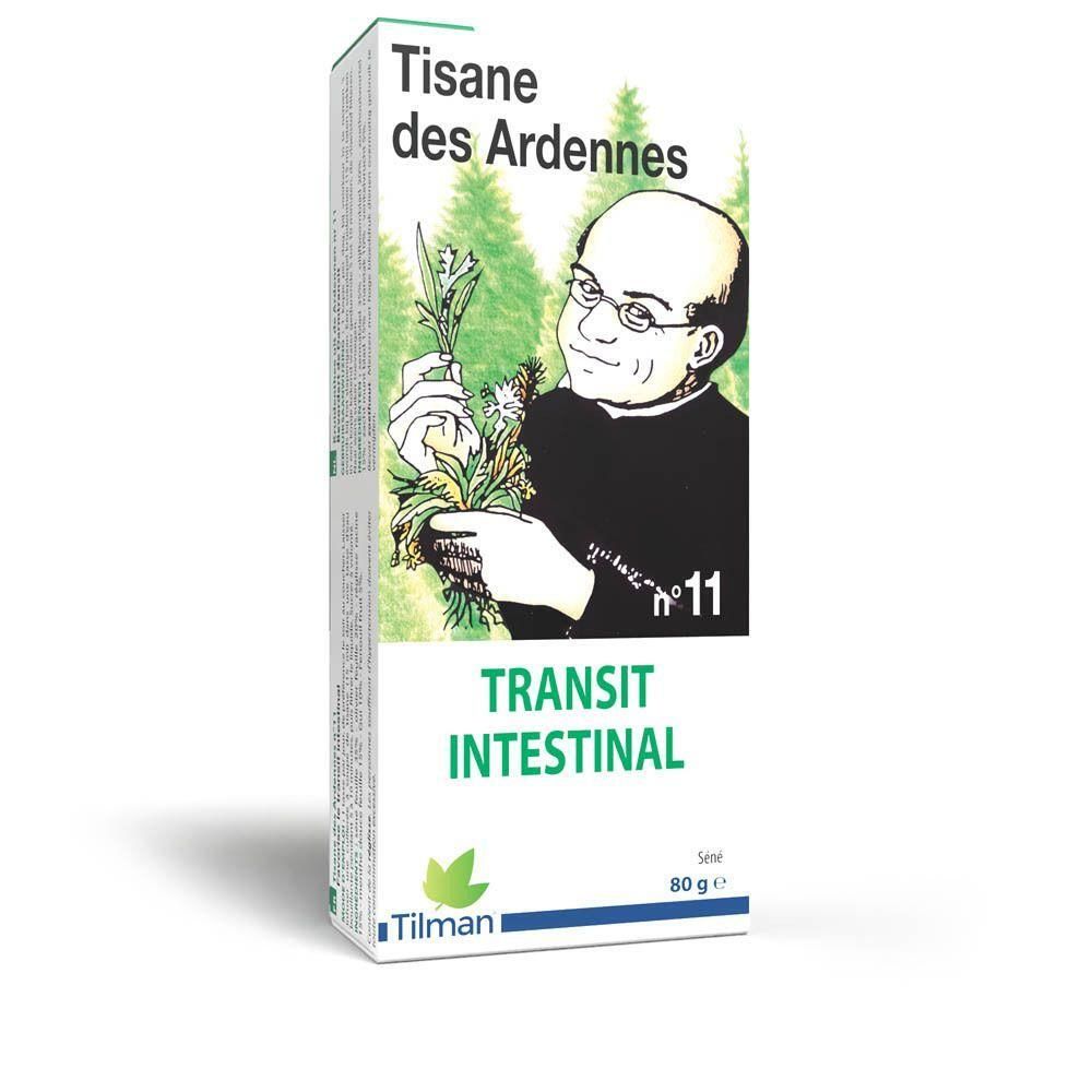 Boîte "Tisane des Ardennes n°11 Transit Intestinal". Design vert et blanc, illustration d'une personne tenant des plantes.