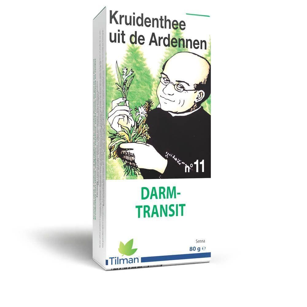 Doos "Kruidenthee uit de Ardennen Darm-Transit". Groen-wit ontwerp, illustratie van een persoon.
