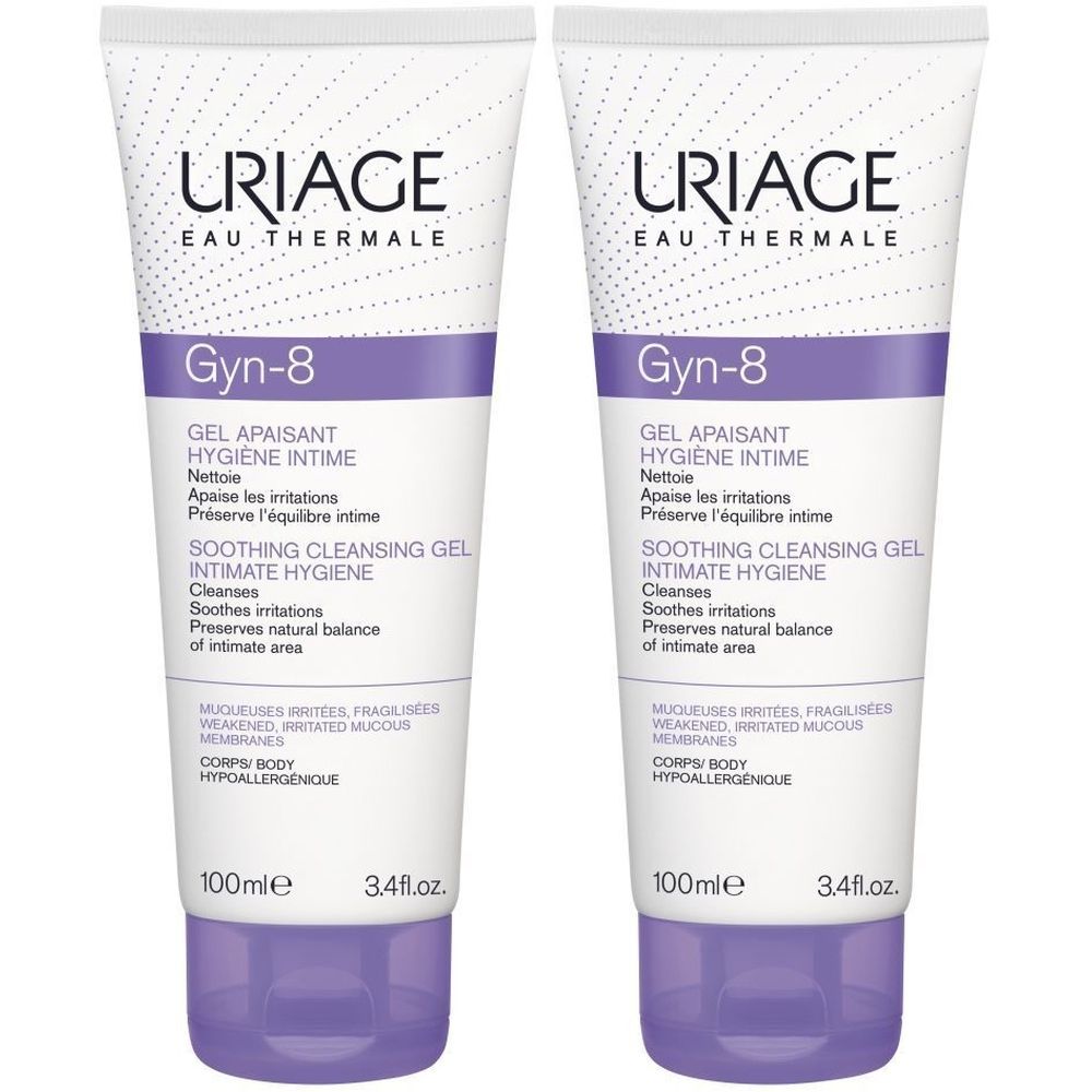 Twee tubes Uriage Gyn-8 gel. Witte en paarse verpakking. Productnaam en tekst in het Frans.
