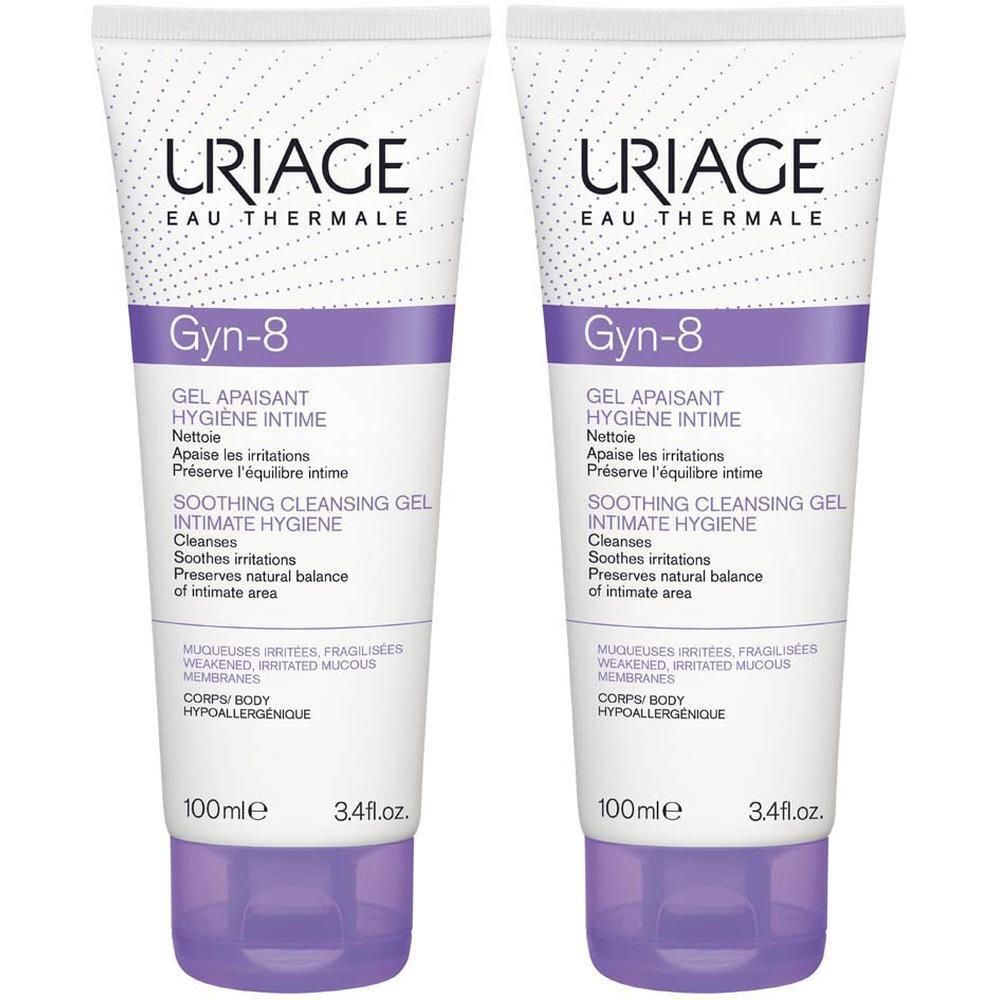 Twee tubes Uriage Gyn-8, wit en paars. Tekst: Gel apaisant, Hygiene intime, Soothing cleansing gel. 100ml, 3.4 fl.oz.