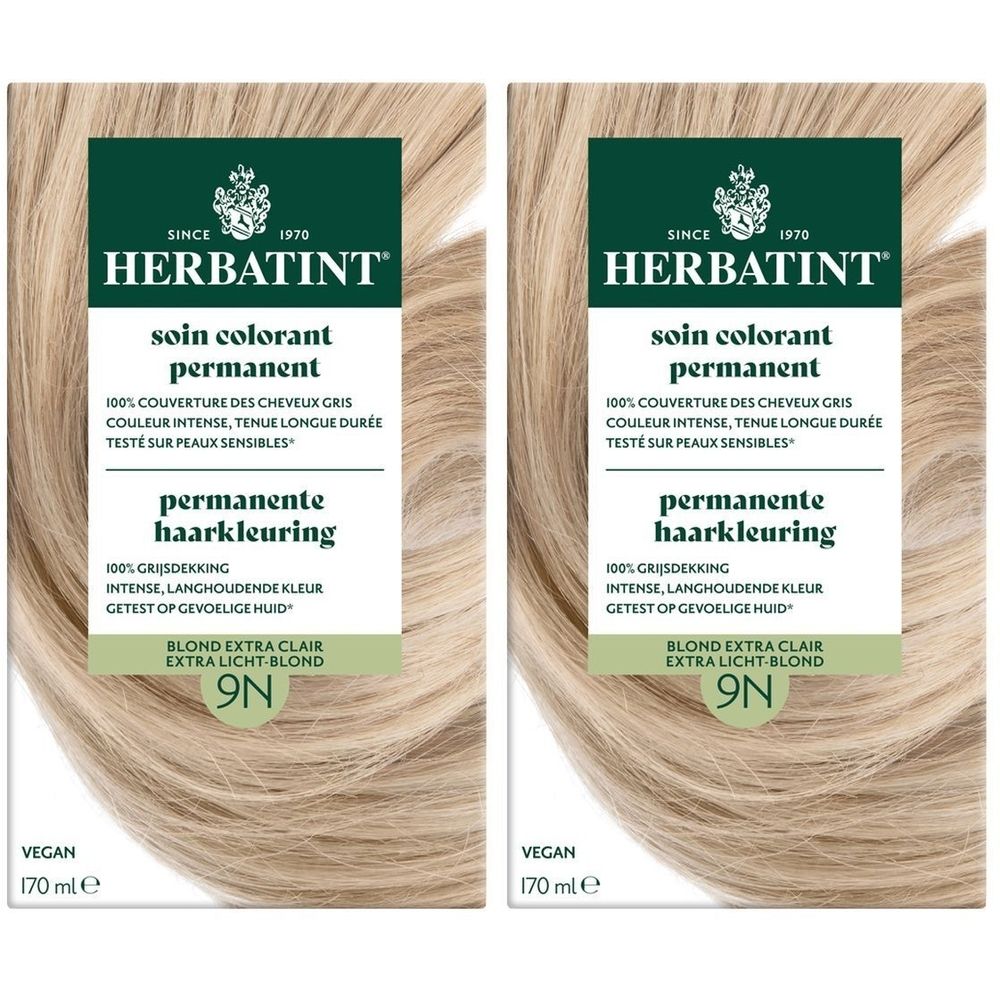 Twee verpakkingen haarverf. Opschrift: HERBATINT, permanente haarkleuring, Blond Extra Clair 9N, vegan, 170 ml.