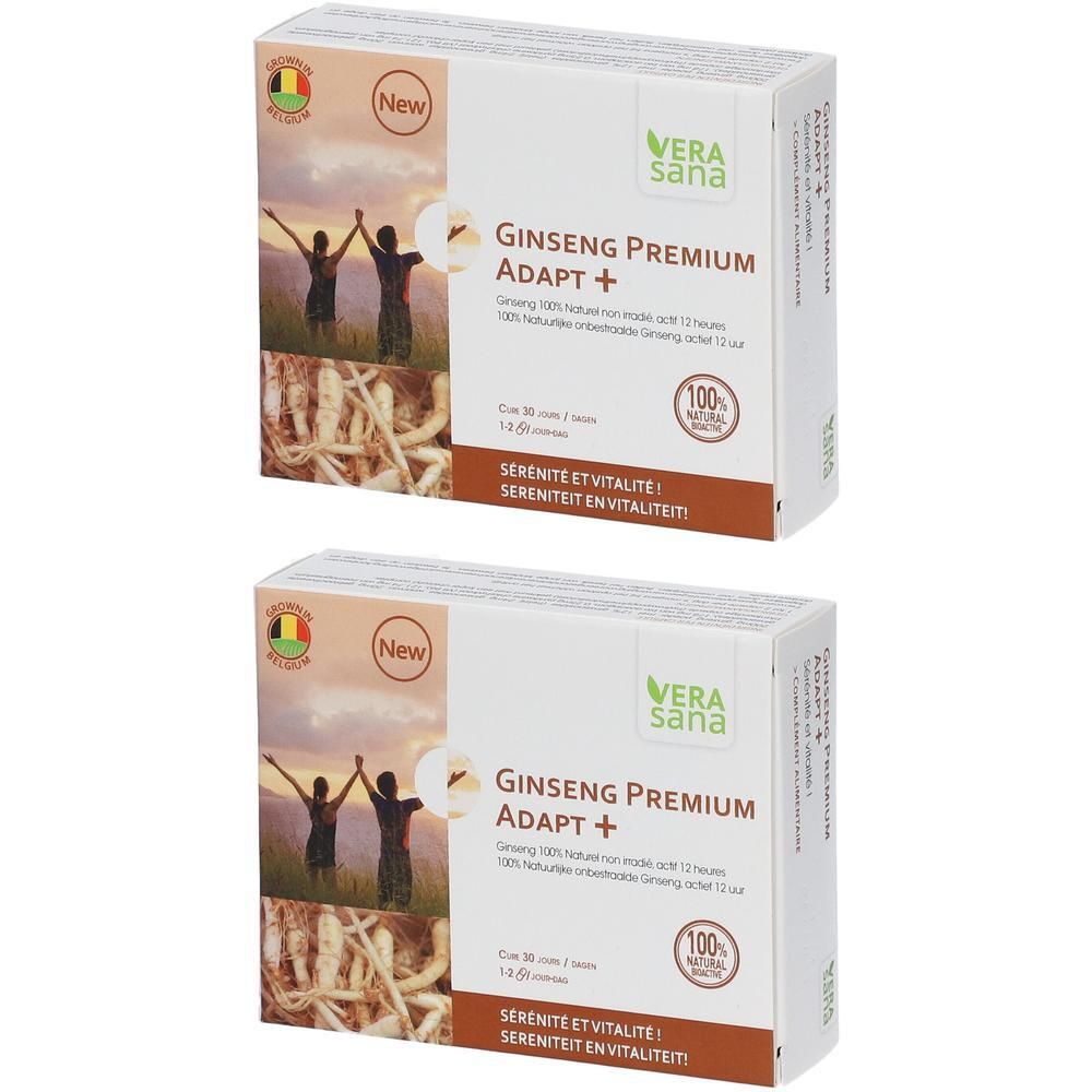 Deux boîtes de Vera Sana Ginseng Premium Adapt+. Emballage blanc avec nom et logo du produit. Inscription : 100% naturel.