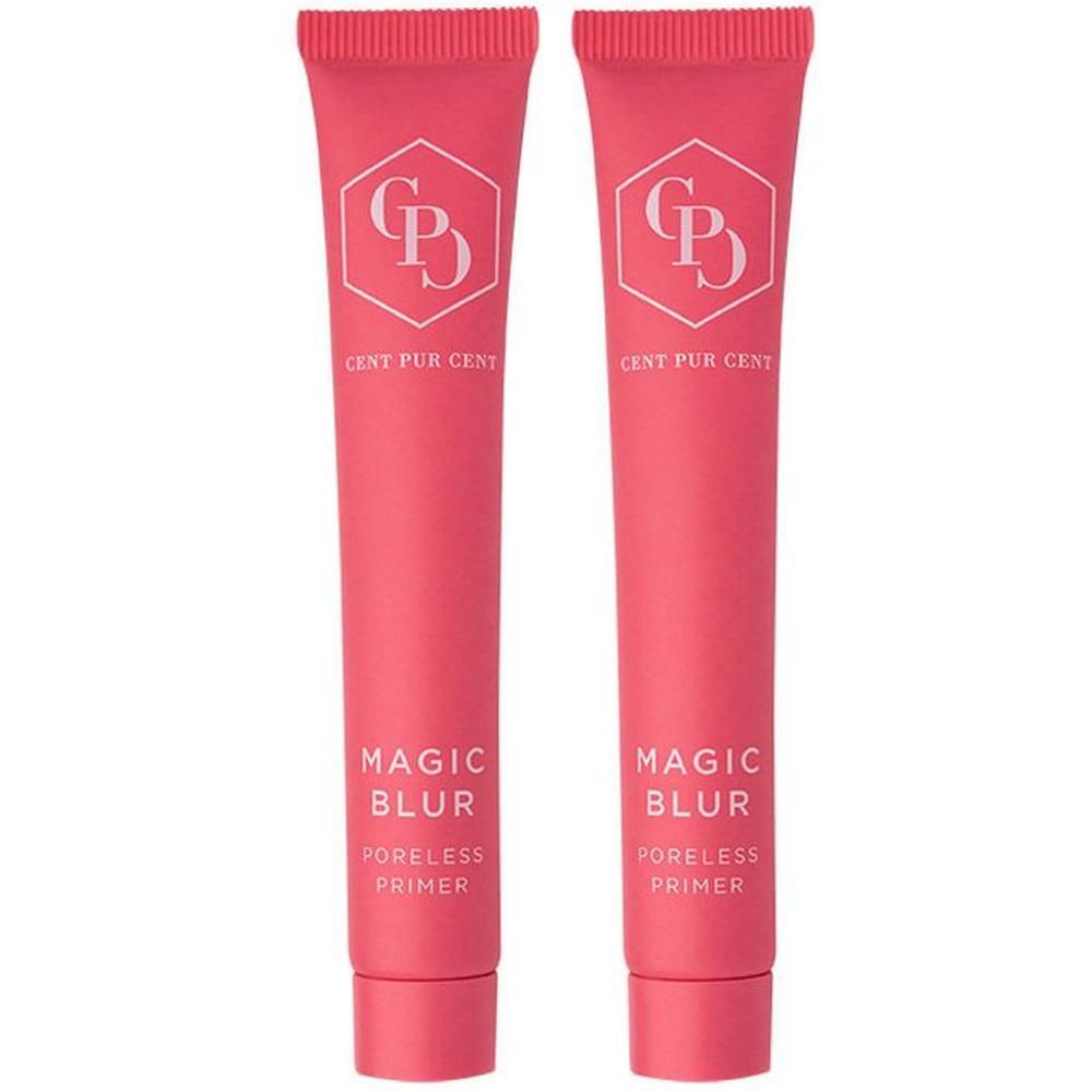 Deux tubes roses avec logo et texte blancs. Inscription : CENT PUR CENT, MAGIC BLUR, PORELESS PRIMER.
