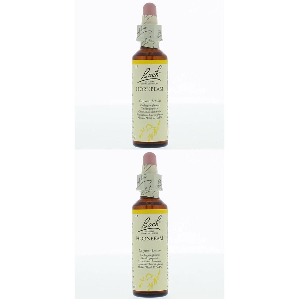 Deux flacons en verre brun avec étiquette jaune et pipette rose. Inscription : Bach Hornbeam.