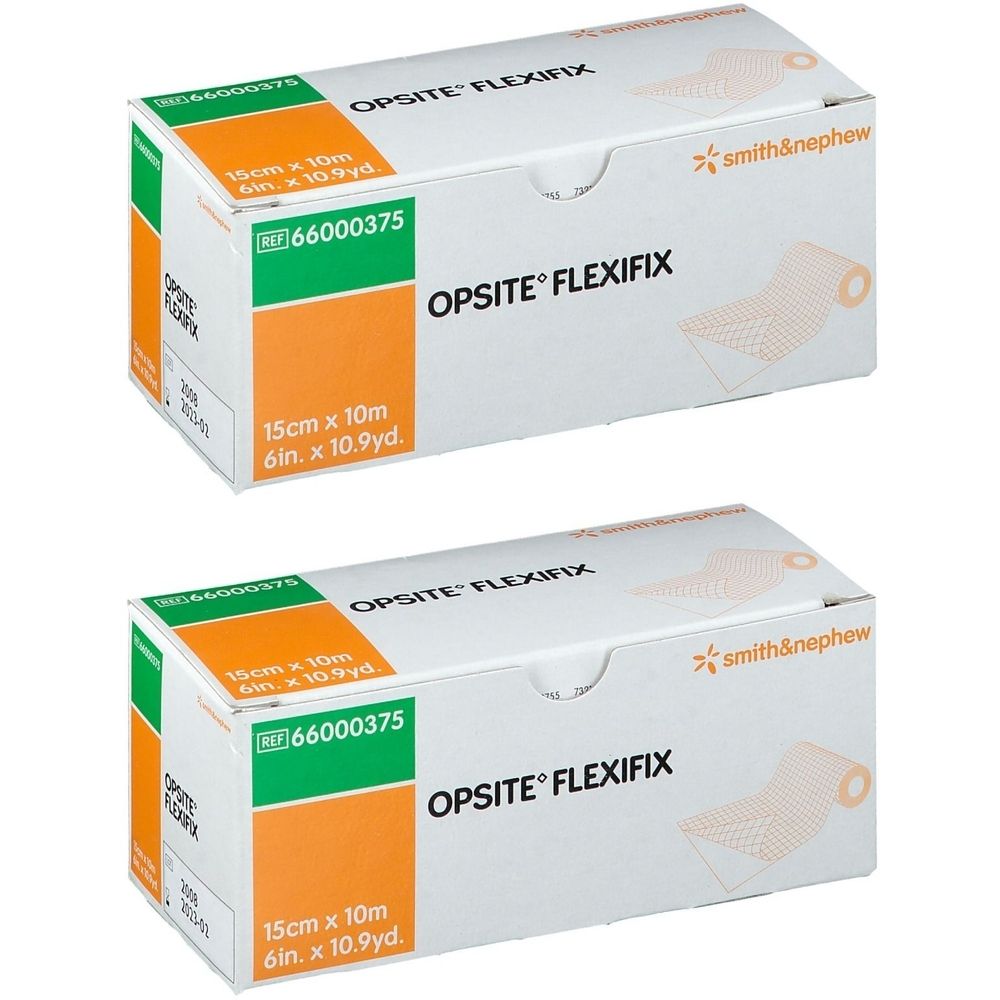 Twee dozen Opsite Flexifix. Opschrift: 15cm x 10m, 6in x 10.9yd. Merk Smith & Nephew. Groen-oranje accenten.