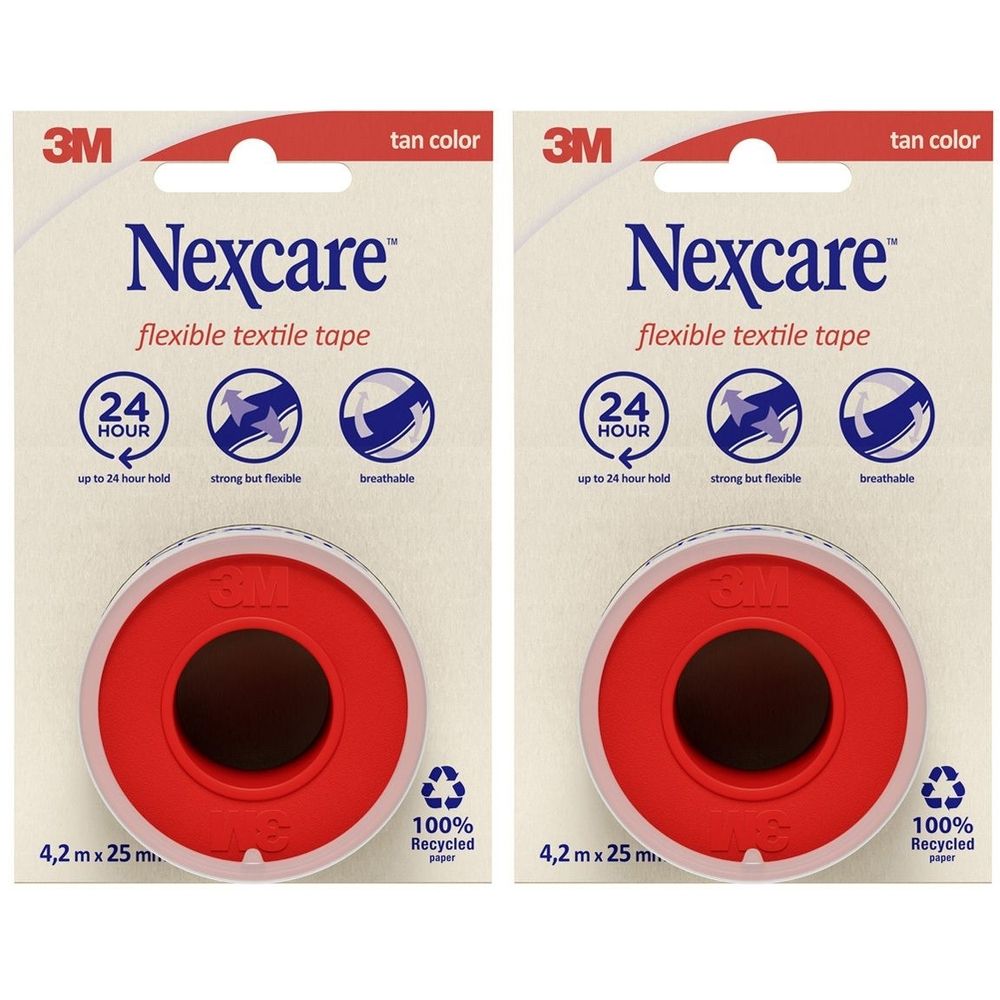 Deux emballages de ruban textile flexible Nexcare. Chaque emballage contient un rouleau de ruban adhésif rouge, 4,2 m x 25 mm.