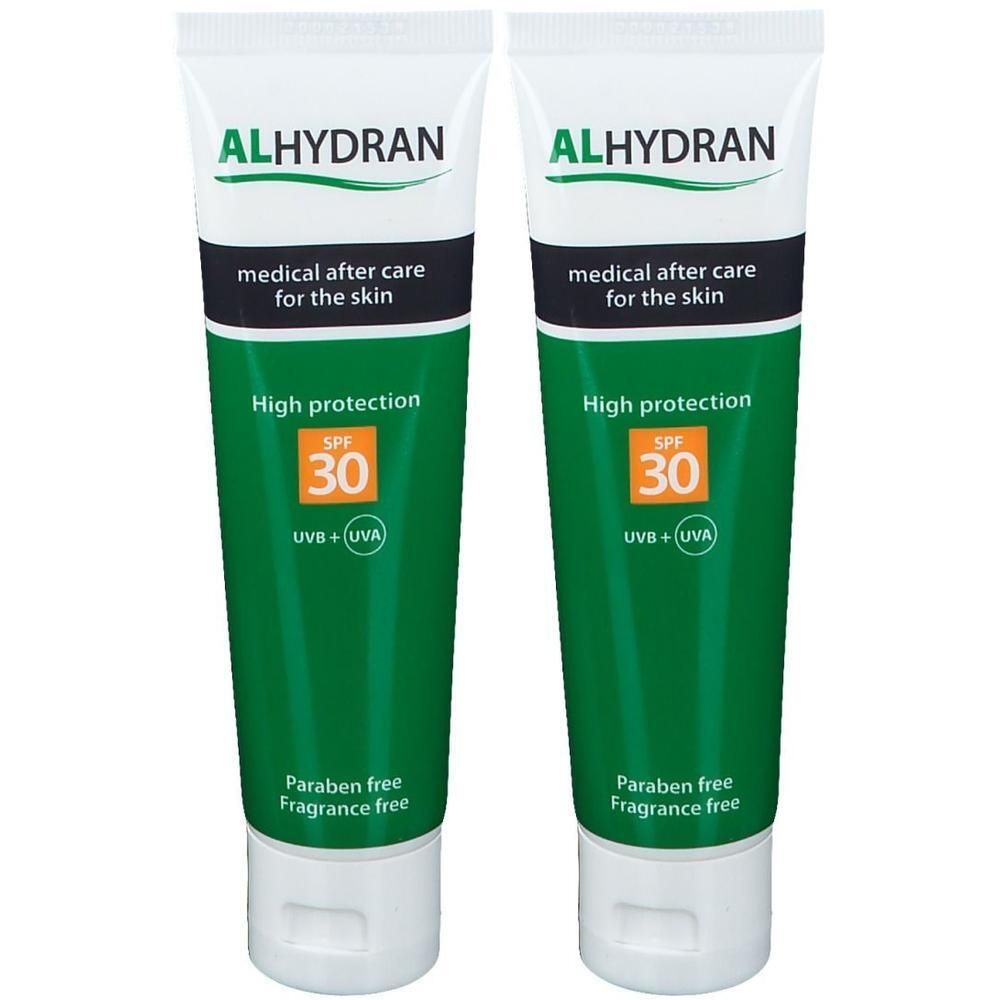 Twee tubes ALHYDRAN zonnecrème SPF 30. Groen-witte verpakking. Hoge bescherming. Zonder parabenen.