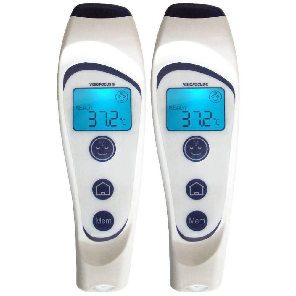 Twee witte infraroodthermometers. Blauw display met 37,2°C. Visiofocus® bovenaan. Knoppen met huis, Mem, smiley.