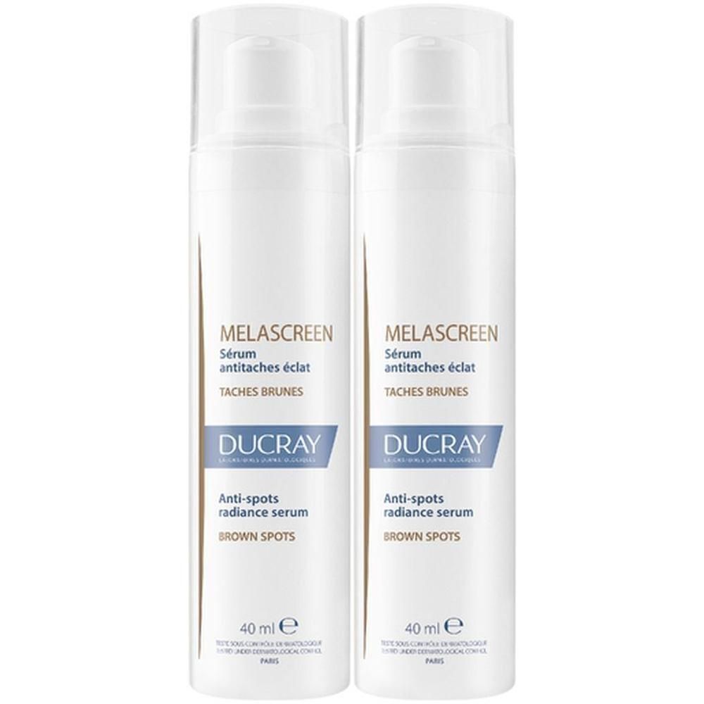 Deux flacons de sérum. Inscription: MELASCREEN, Sérum antitaches éclat, DUCRAY. 40 ml.