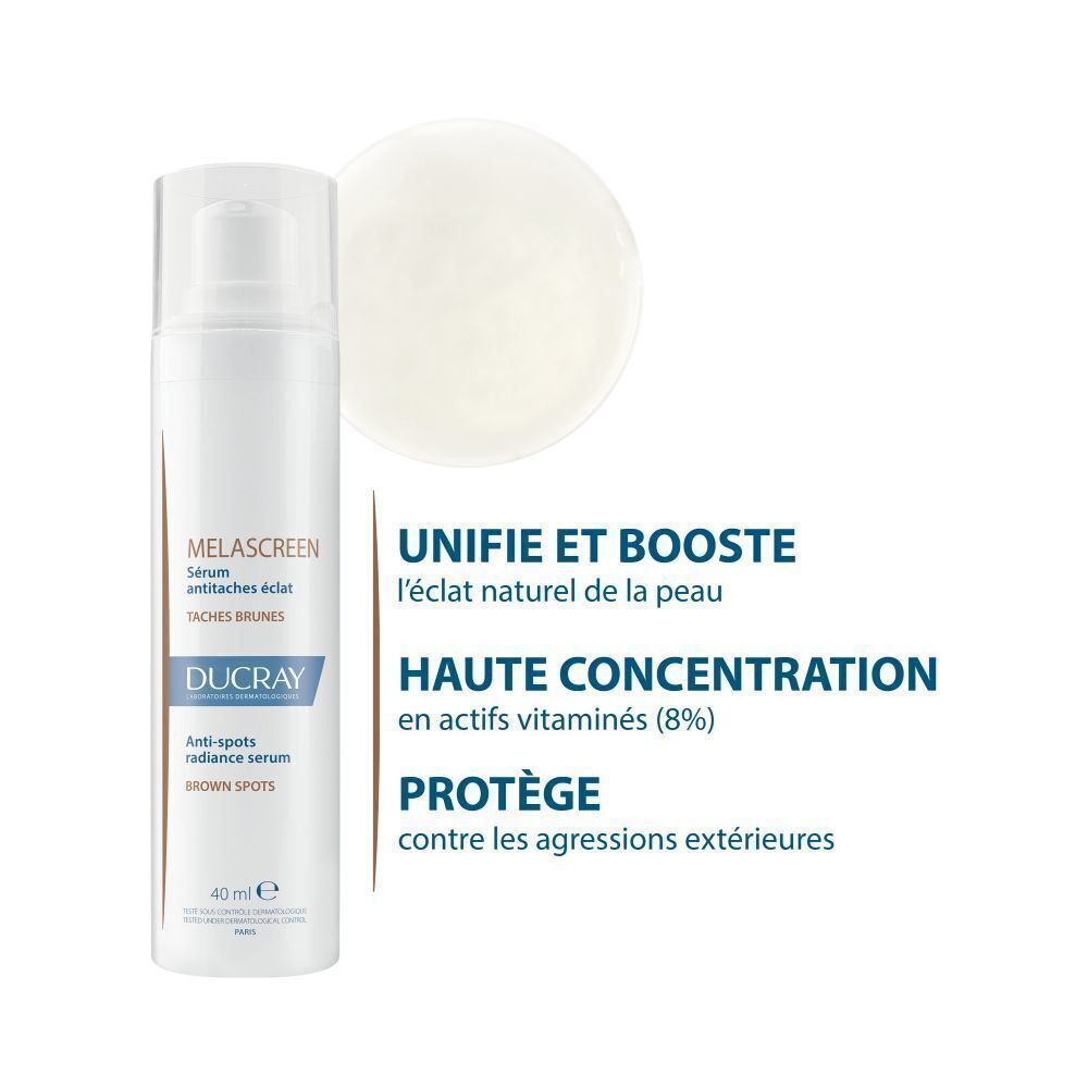 Flacon de sérum et échantillon. Texte: Unifie et booste l'éclat naturel de la peau. Haute concentration.