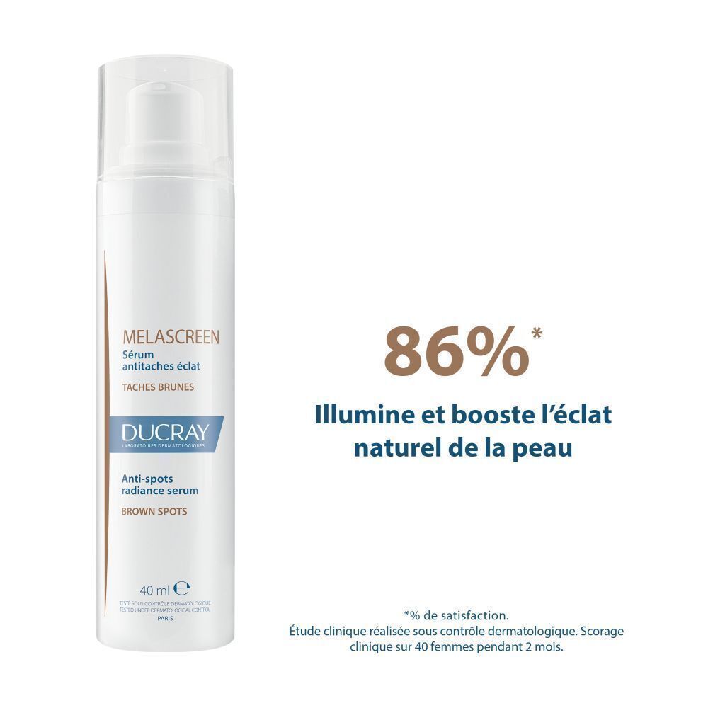 Flacon de sérum. Texte: 86%* Illumine et booste l'éclat naturel de la peau. *% de satisfaction.