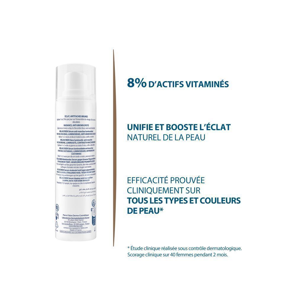 Dos du flacon de sérum. Texte: 8% d'actifs vitaminés. Efficacité prouvée cliniquement.