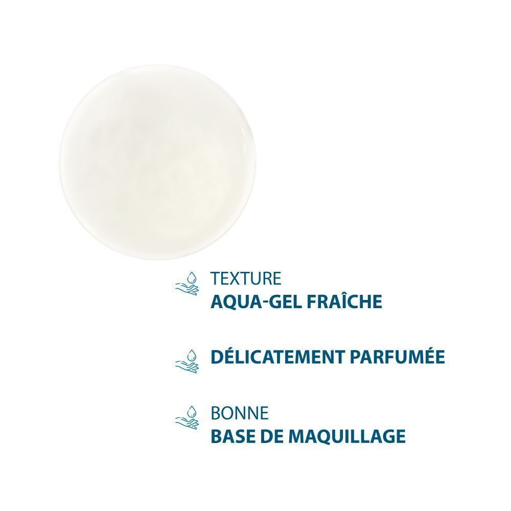Échantillon. Texte: Texture aqua-gel fraîche. Délicatement parfumée. Bonne base de maquillage.