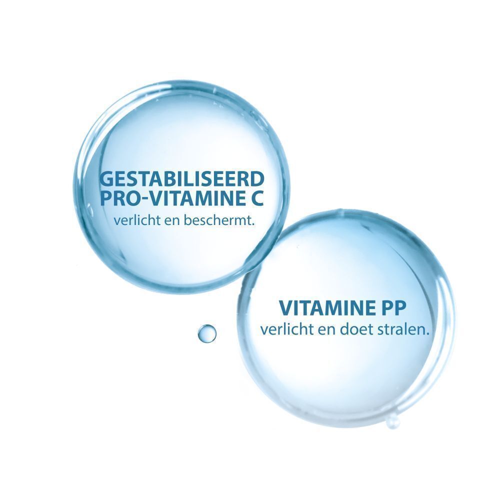 Twee cirkels. Tekst: Gestabiliseerde Pro-Vitamine C. Vitamine PP.