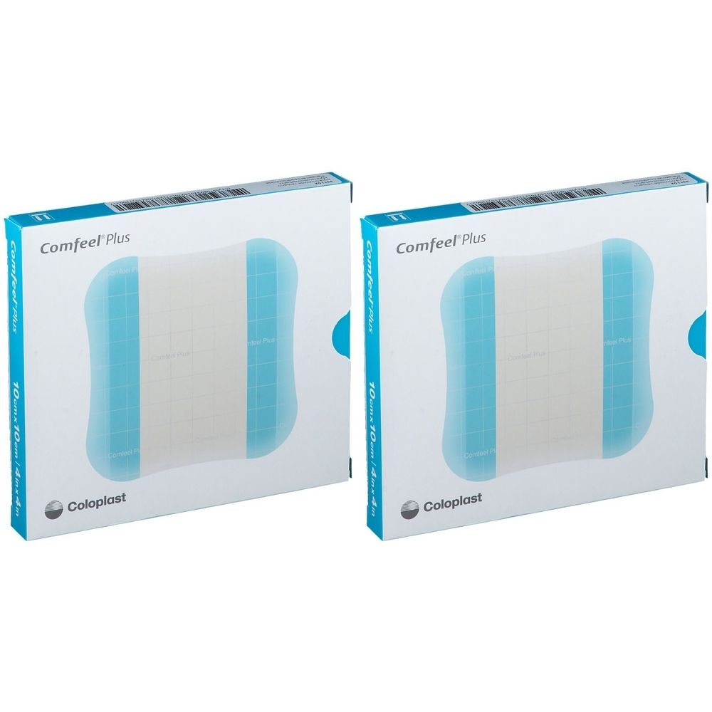 Twee verpakkingen Comfeel Plus verband. Witte dozen met blauw ontwerp. Productnaam en logo zichtbaar.