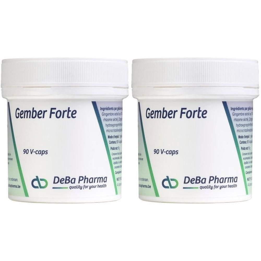 Twee witte potten met deksels. Opschrift "Gember Forte" en "90 V-caps". Logo en tekst "DeBa Pharma". 