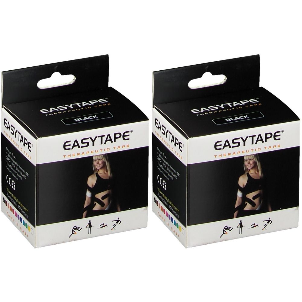 Deux boîtes de Easytape® Therapeutic Tape Noir. Emballage noir avec image du produit et marquage CE.