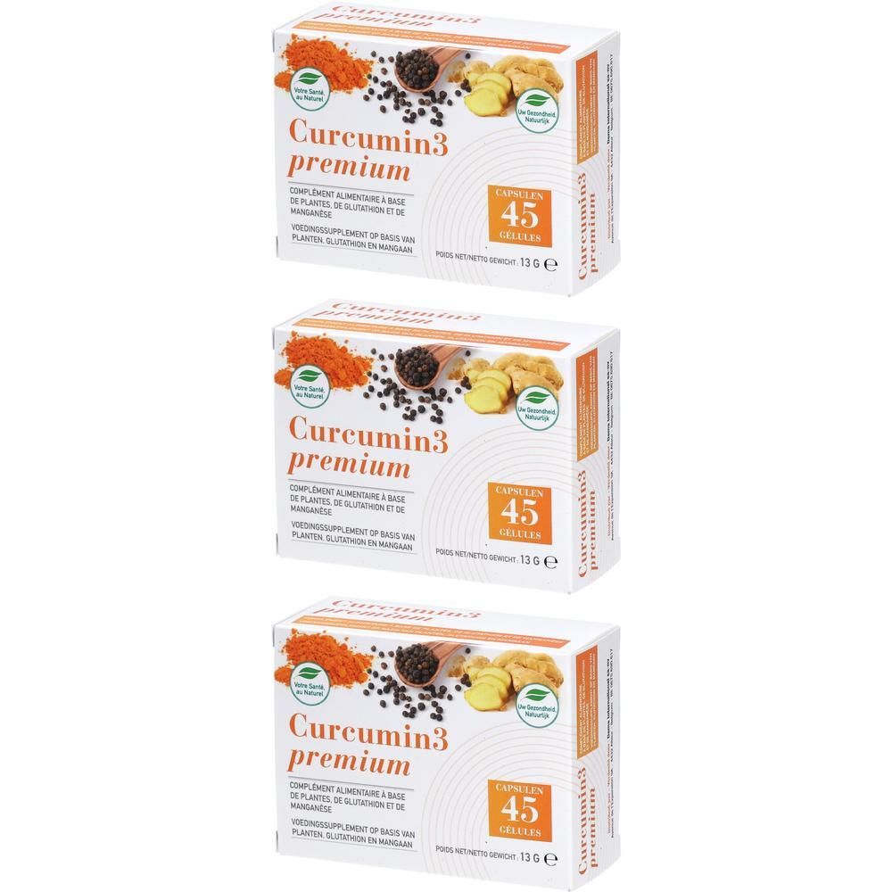 Trois boîtes de Curcumin3 Premium. Chaque boîte affiche 45 gélules. Inscriptions : Curcumin3 premium, 13g.
