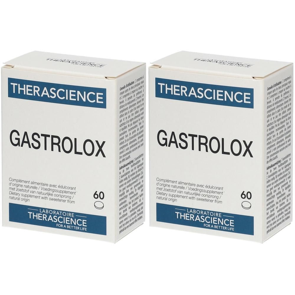 Twee witte dozen met de tekst "THERASCIENCE GASTROLOX". Op elke doos staat "60".