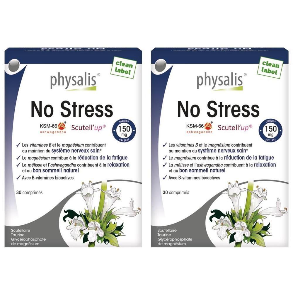 Deux boîtes de Physalis No Stress. Emballages de comprimés blancs avec nom du produit et motif floral. Contient 30 comprimés.