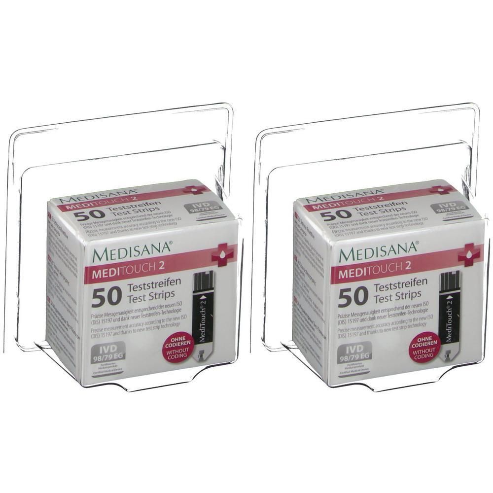 Deux boîtes de bandelettes de test. Chaque boîte porte la mention "MEDISANA MEDITOUCH 2" et "50 bandelettes de test". Les boîtes sont dans des supports.