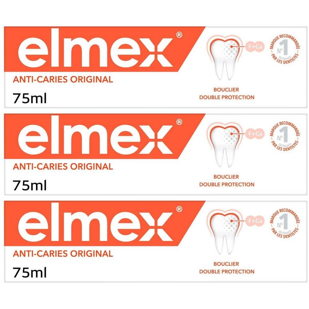 Trois tubes de dentifrice elmex® Anti-Caries Original. Emballage blanc, texte rouge. 75ml. Illustration dent.