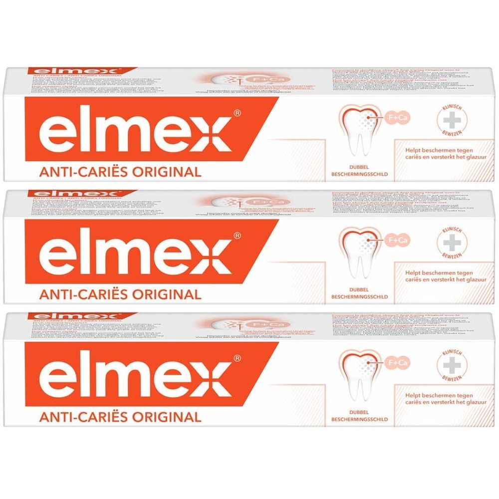 Drie tubes elmex® Anti-Caries Original tandpasta. Witte verpakking met rode tekst. Tekening van een tand.