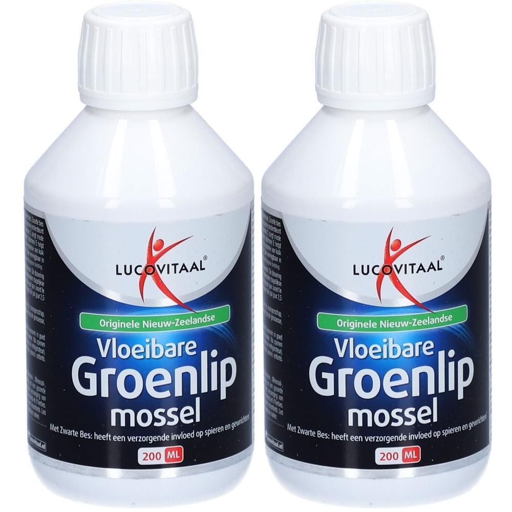 Twee witte flessen met schroefdop. Opschrift: Lucovitaal, Vloeibare Groenlip mossel. 200 ml.
