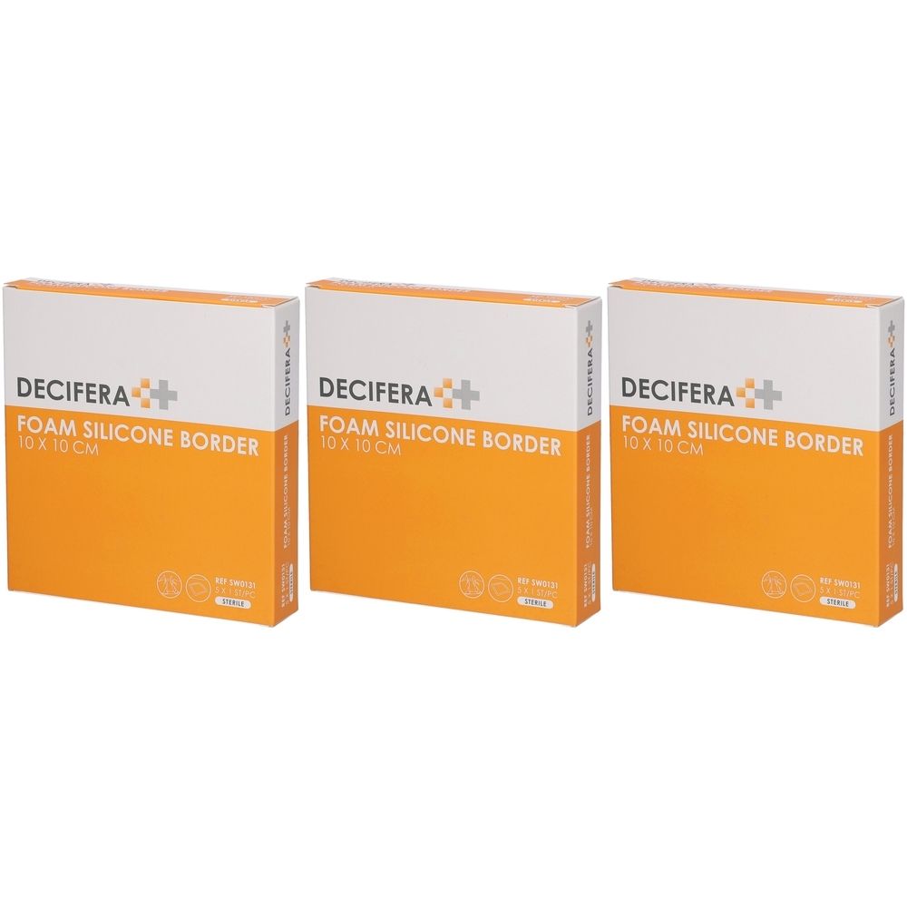 Trois boîtes DECIFERA Foam Silicone Border 10x10cm. Couvercle blanc, face orange avec informations produit et logo.