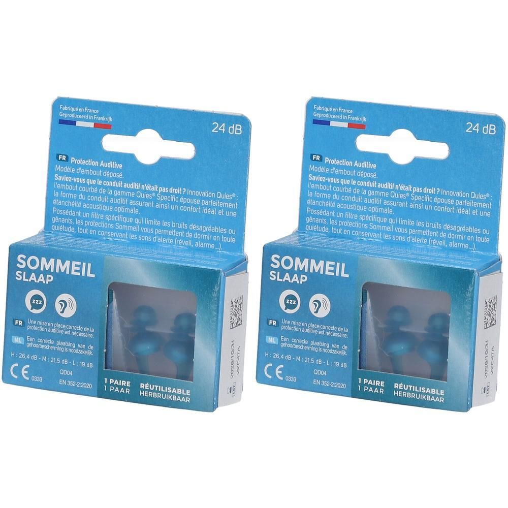 Twee blauwe oordopjes in een doos. Op de doos staat "SOMMEIL" en "SLAAP". De verpakking toont 24 dB.