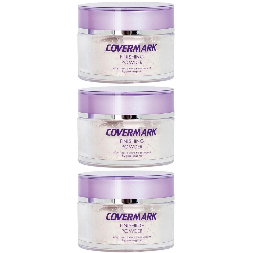 Trois pots de Finishing Powder Covermark. Récipients ronds et transparents, couvercles violets, texte visible.