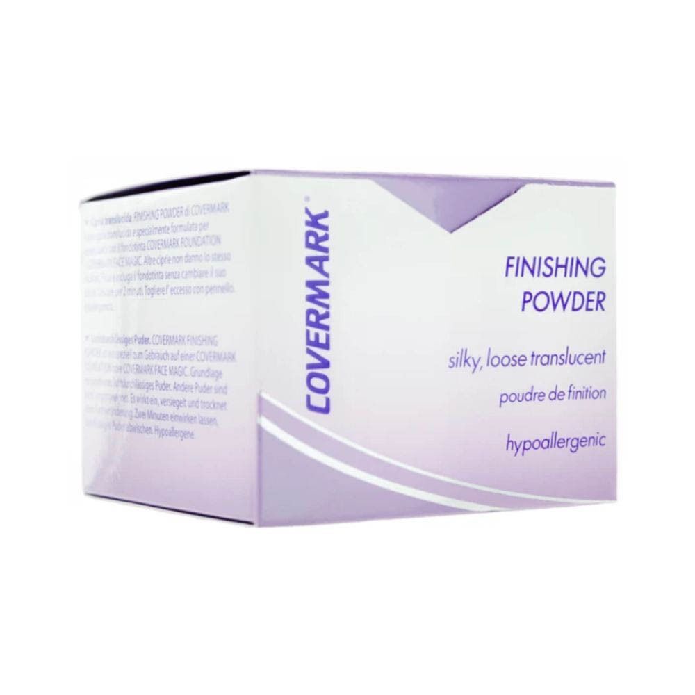 Verpakking Covermark Finishing Powder. Witte doos met paarse accenten en productnaam.