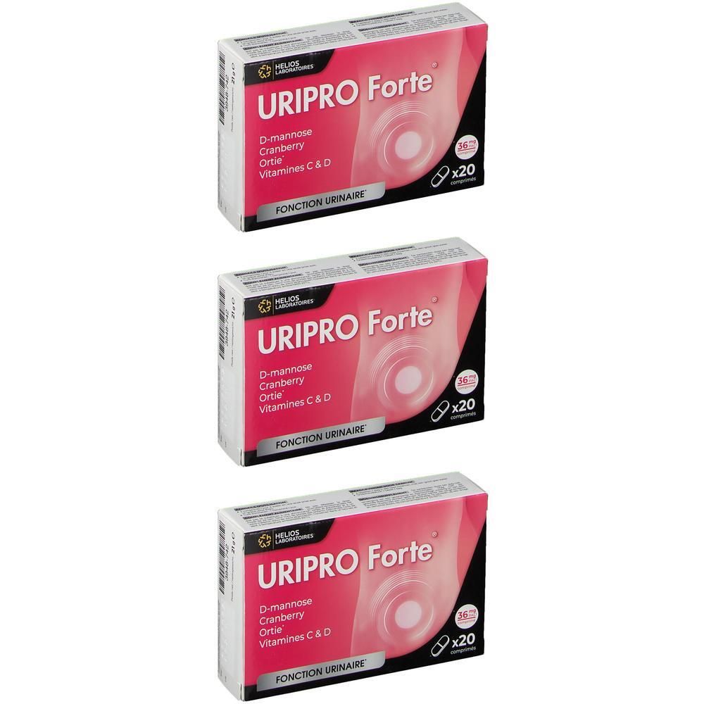 Trois boîtes de Uripro Forte. Ingrédients : D-mannose, cranberry, vitamines C&D. Contient 20 comprimés. Mention : Fonction Urinaire.