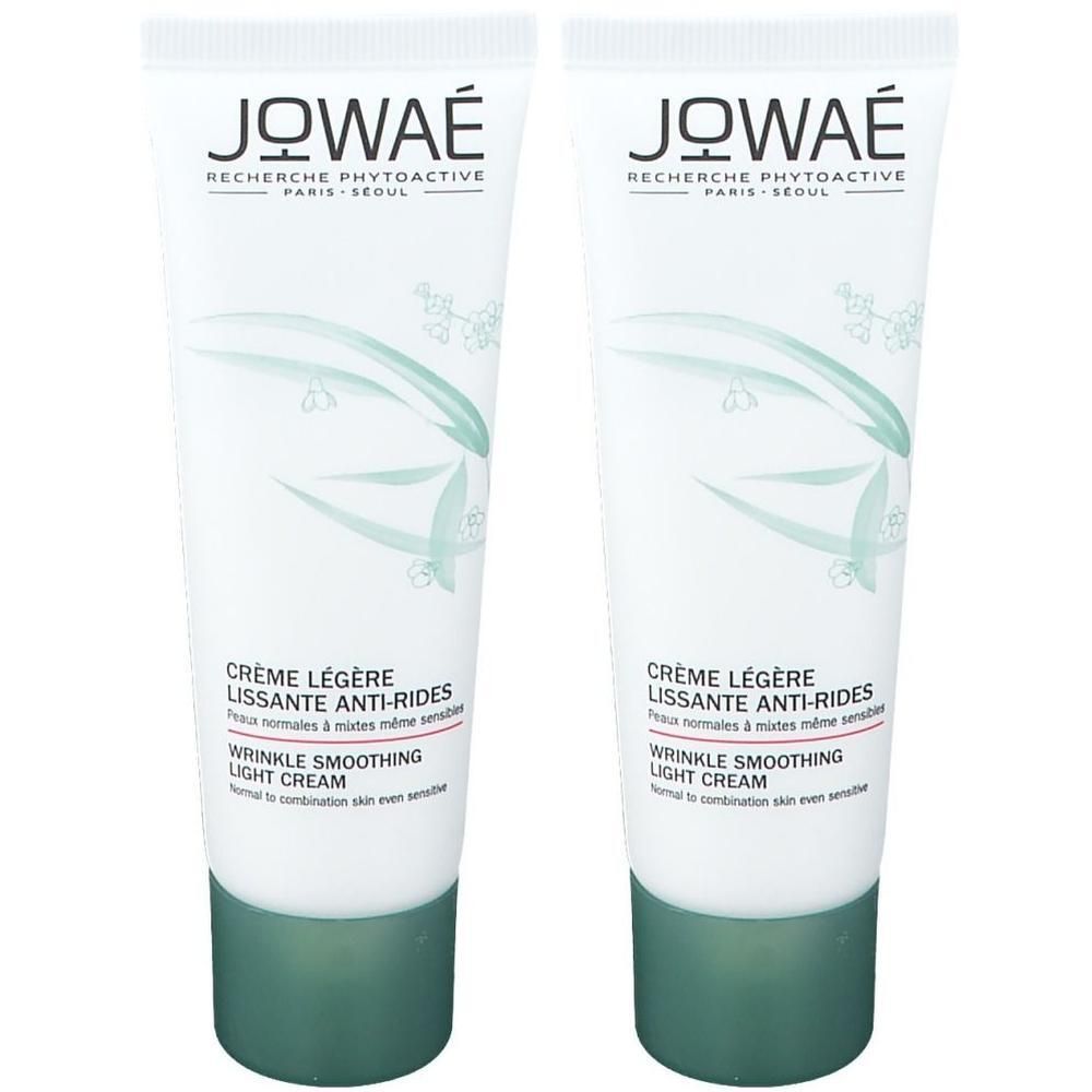 Deux tubes de crème. Inscription: Jowaé, Crème Légère Lissante Anti-Rides. Tube blanc, bouchon vert.