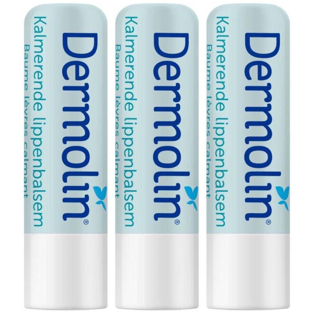 Trois sticks de baume à lèvres. Bleu clair et blanc. Inscription : Dermolin, Baume lèvres calmant.