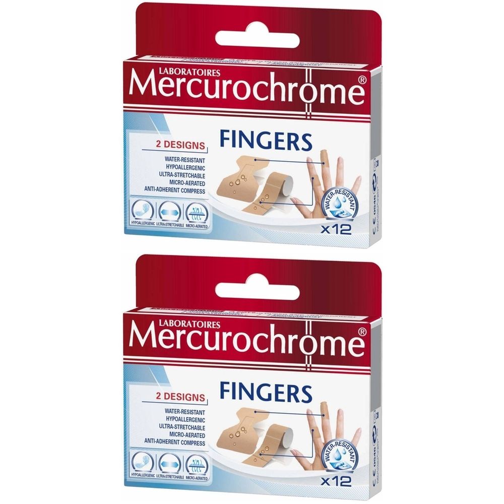 Deux boîtes de pansements doigts Mercurochrome. Emballage rouge et blanc. Montre des pansements et une main. Texte : Doigts, 2 modèles.