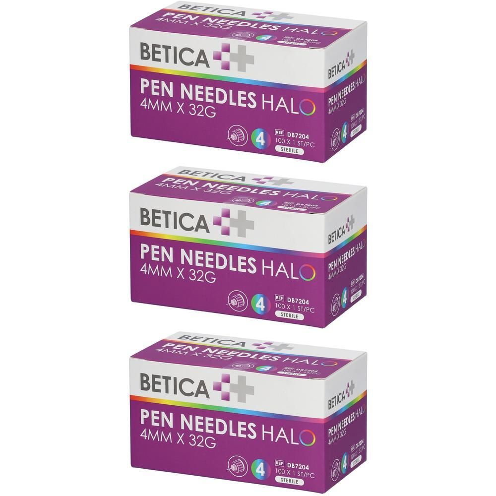 Drie dozen BETICA Pen Needles Halo. Opschrift: 4 mm x 32G. Elke verpakking bevat 4 naalden. Paarse en witte verpakking.