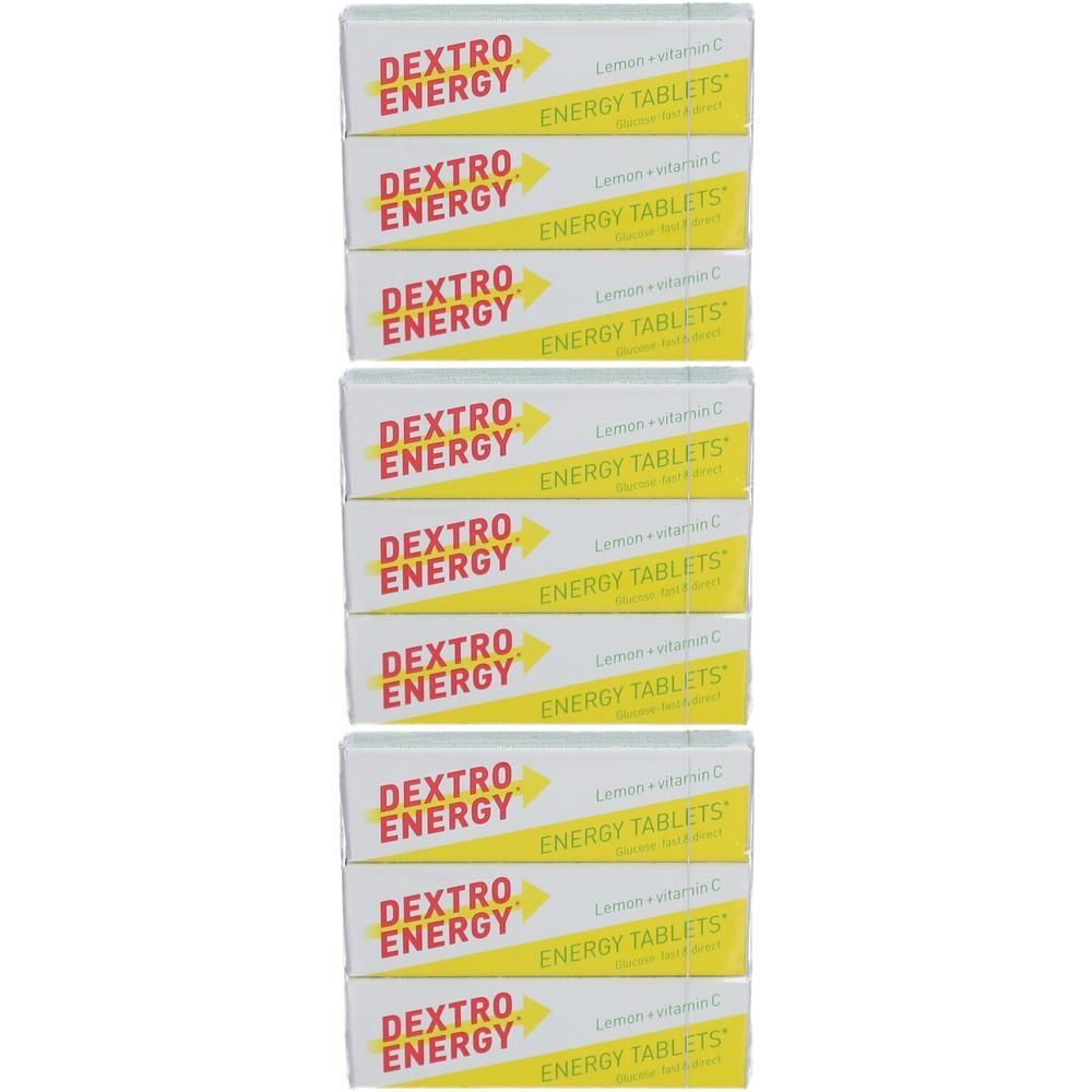 Meerdere verpakkingen Dextro Energy Energy Tablets. Gele verpakking met witte tekst. Opschrift: Citroen + vitamine C.