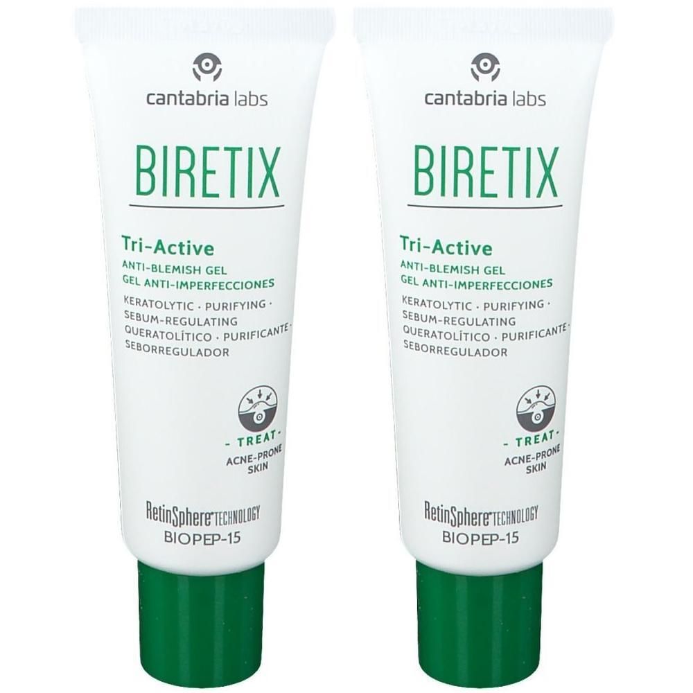 Deux tubes de gel anti-imperfections BIRETIX Tri-Active. Blanc, bouchon vert. Inscriptions : cantabria labs, Tri-Active, gel anti-imperfections.