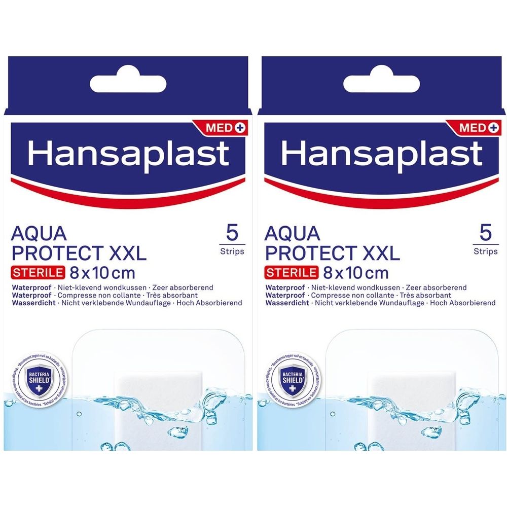 Deux paquets de pansements Hansaplast Aqua Protect XXL stériles. Chaque paquet contient 5 pansements de 8x10 cm. Imperméable.