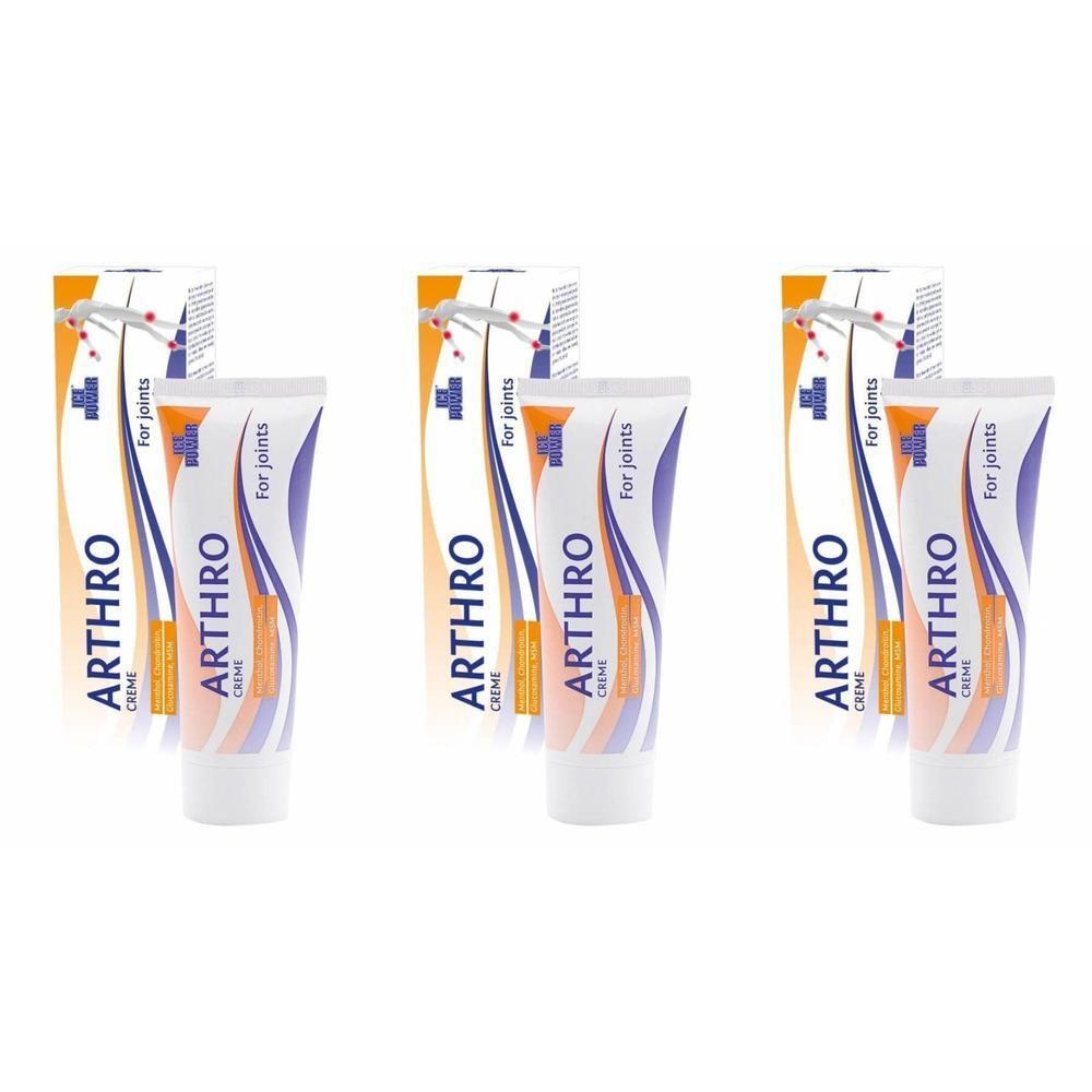 Trois tubes et emballages. Sur les tubes, il est écrit "ARTHRO CREME". Les emballages sont blancs, oranges et bleus. Inscription : "For joints".